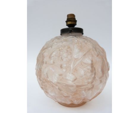 Lalique style French moulded glass table lamp of globular form relief decorated with fruit and foliage, impressed France to b