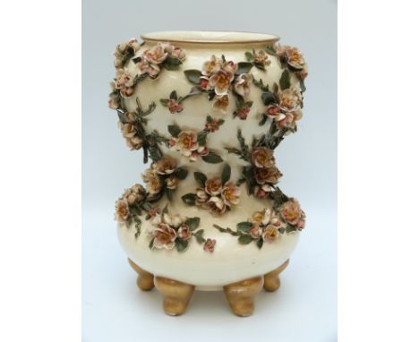 Zsolnay Pecs large double gourd vase with applied flower decoration raised on six short shaped legs. Impressed and transfer p