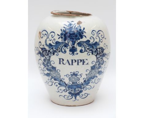 An 18thC apothecary jar with hand decorated 'Rappe' inside a floral cartouche (24cm tall)