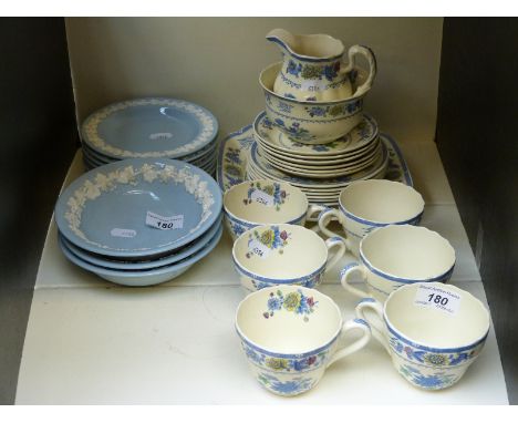Copeland Spode Brighton Royal Jasmine pattern teaware together with two bowls and eight plates in Wedgwood embossed Queenswar