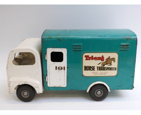 Tri-ang large scale pressed steel horse transporter with turquoise body and white cab and wheel arches, 47cm long