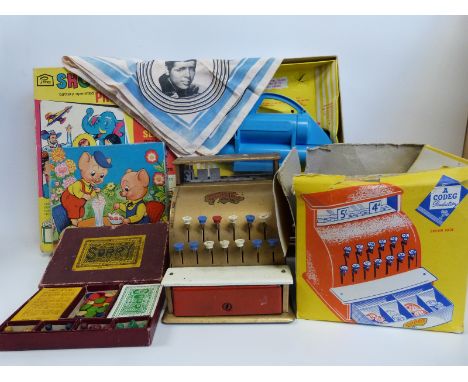 A large collection of vintage Codeg children's toys and games including Cash Register, Show a Slide projector, Tiddly Winks e