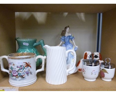 A collection of ceramics to include a Royal Doulton figurine Rebecca HN4041, Shorter Brothers jug, pair of Staffordshire dogs