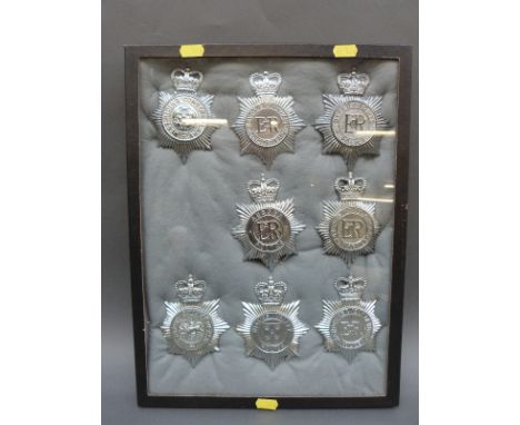 A display of eight police helmet badges including Hampshire and Isle of Wight, two Sussex Police and Constabulary, Surrey, We