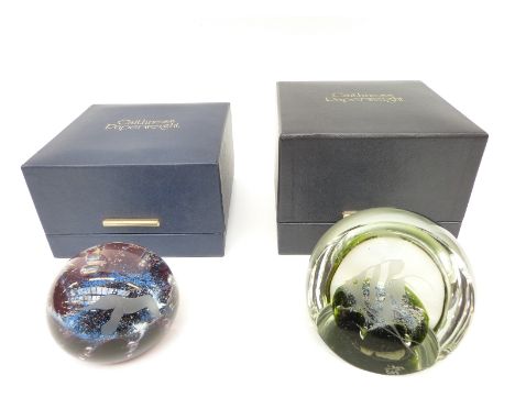 Two Caithness limited edition glass paperweights one engraved with an angel fish 590/1500 the other engraved with birds 450/5
