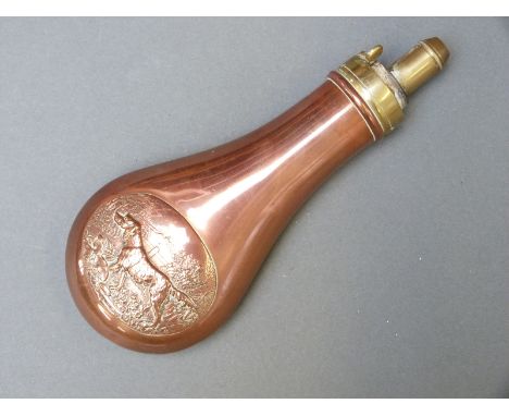 James Dixon & Sons copper and brass powder flask with embossed decoration of a shooting scene featuring a setter and a man ho