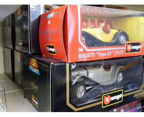 Six Burago 1:18 scale diecast model vehicles including Bugatti Type 55, Mercedes Benz SSKL, Alfa Romeo 2300 Spider etc, all i