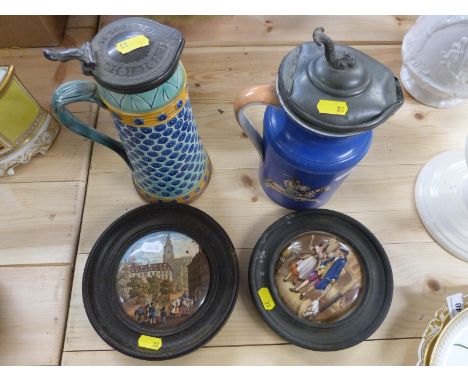 A 19thC Wedgwood majolica jug, Prattware pot lids and jug 