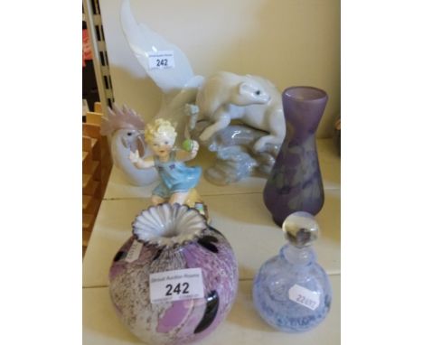 Lladro, Nao & Royal Worcester figures and three pieces of art glass