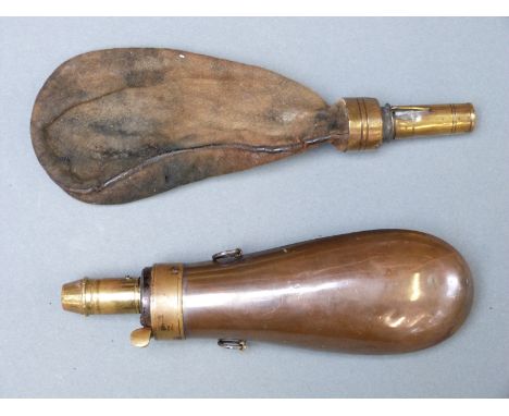 Copper and brass rifle powder flask, length 17.5cm long, together with a leather and brass shot flask with unusual screw off 