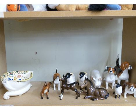 A collection of Beswick animals including foxes, dogs & sheep together with a Zsolnay Pecs style dish