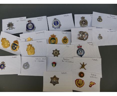 A collection of police badges including Sweden, Iceland, Norway, Falklands, Malta, Kuwait, Palestine (British mandate and pos