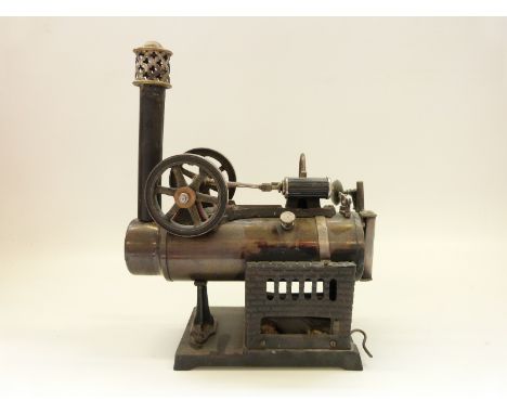 Doll overtype live steam stationary steam engine with fixed cylinder, twin flywheels, sight glass, whistle and chimney, c1930