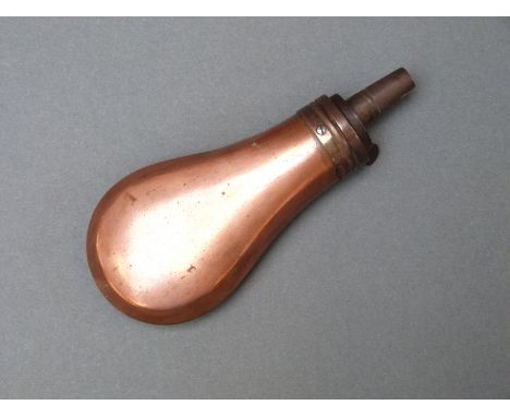 A copper and brass pistol powder flask with bevelled edge, 13cm long