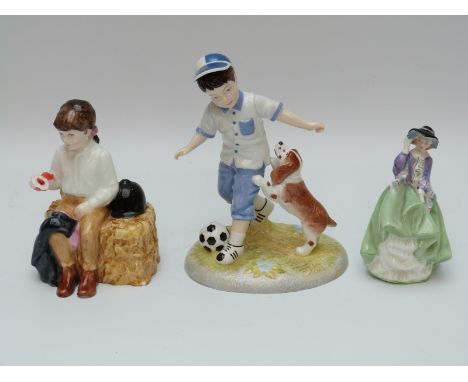 A signed Royal Doulton figure First Prize HN3911, together with Let's Play and Top o' The Hill RDICC