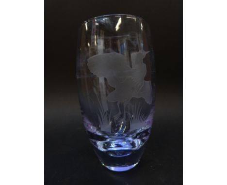 Orrefors Heron glass vase with engraved decoration, signed and named to base, 17.4cm tall