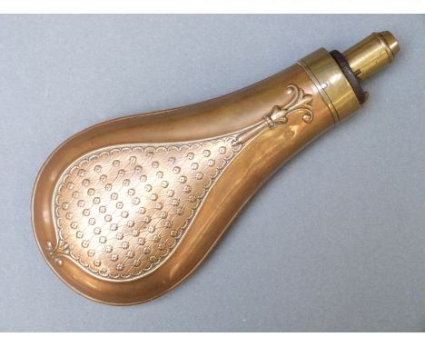 G & J.W Hawksley copper and brass powder flask with embossed floral decoration, 19.5cm long. 