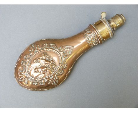 G & J.W. Hawksley copper and brass powder flask with embossed decoration of three horses' heads, 21cm long. 