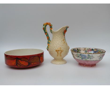 Poole pottery bowl together with a Clarice Cliff jug and a Maling lustre bowl 
