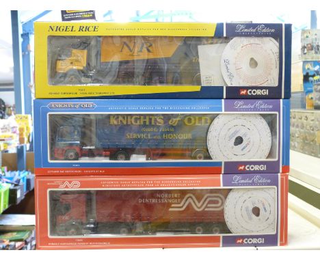 Three Corgi limited edition 1:50 scale diecast model lorries Knights of Old 75405, Norbert Dentressangle 75603 and Nigel Rice