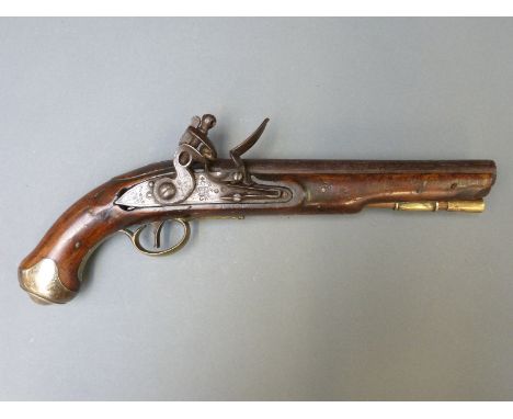 A flintlock hammer action Light Dragoon pistol with brass trigger guard and mounts, lock marked Tower and with crown over GR 