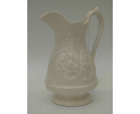 A decorative ceramic jug with a Punch and Judy show decoration (26cm tall)