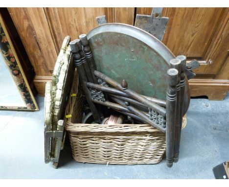 An Eastern brass topped table, triple mirror and a campaign style shelf unit 