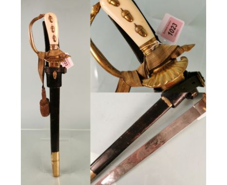 An imperial forestay cutlass with triple etched blade by W.K.C. An exceptional example with portepee, leather frog and brass 