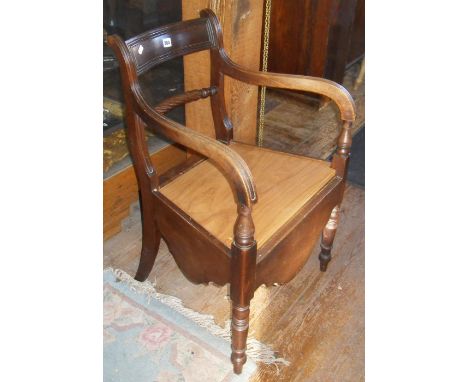 19th c. mahogany elbow chair commode with rope-twist bar back