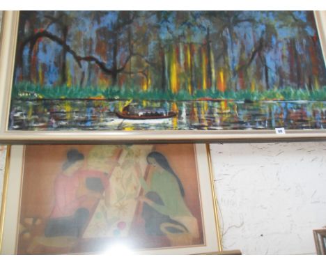 Large Indonesian oil on canvas of a jungle with river (signed 'Loki'), and a print