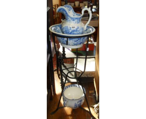 Victorian metal washstand with blue & white jug, basin & chamberpot