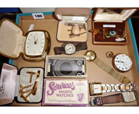 Pocket watch in an Elgin gold-filled case, a WW2 Tank watch in a Services Sports Watches box, and costume jewellery including