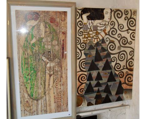 Large coloured print after Mackintosh, another picture and a Chinese lacquer picture