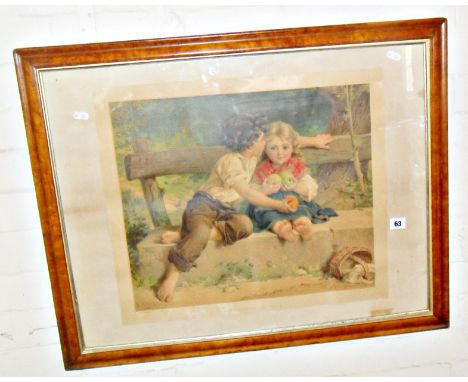 Maple-framed coloured print of children, and a Dhurry rug