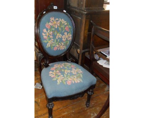 Victorian mahogany shield-back nursing chair with tapestry seat & back, and a 19th c. dining chair