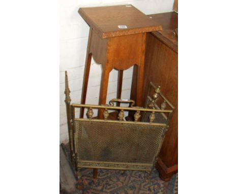 Edwardian oak plant stand, and a Victorian brass firescreen