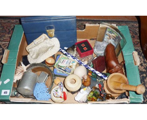 Box of assorted items including cufflinks, butterfly brooch, vintage handbag etc
