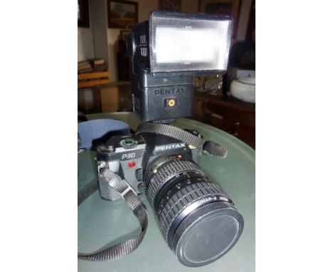 Pentax P30 camera with zoom lens and flash unit