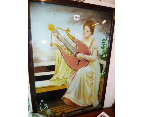Victorian reverse painting on glass of a lady playing the lyre