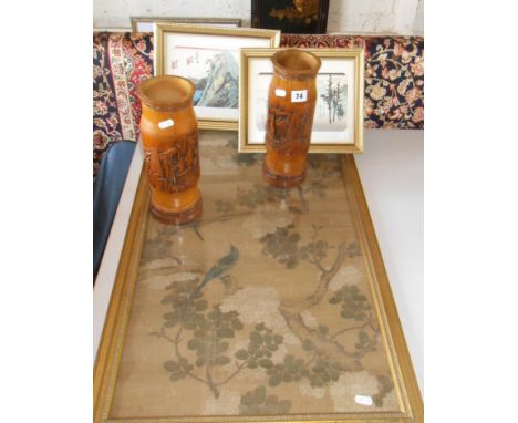 Two modern Japanese carved bamboo brush pots, two Japanese prints and a framed Chinese scroll