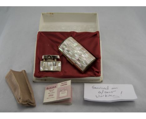 Ronson Boxed Set, Lighter And Cigarette Case, Yellow Gilt Metal With Mother Of Pearl Decoration 