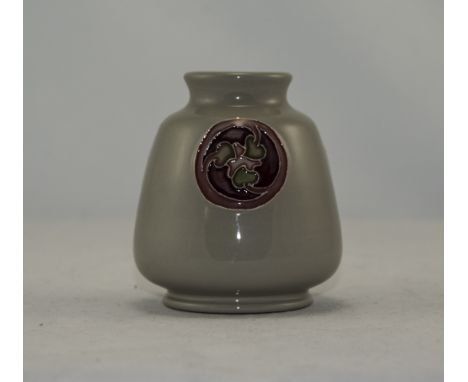 Moorcroft Modern Flamminian Ware Small Vase with Foliate Roundels on Grey Ground. Height 3.25 Inches High. Excellent Conditio