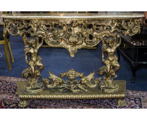 Italian Rococo Style Gilt Wood And Composite Console Table, Shaped Marble Top Above Scroll And Acanthus Apron And  Figural Pu