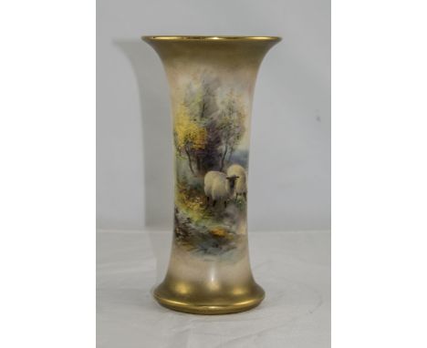 Royal Worcester Hand Painted Vase, Features Sheep - Woodland Setting with Cottage and Lake. Signed Harry Davies. Date 1923. H