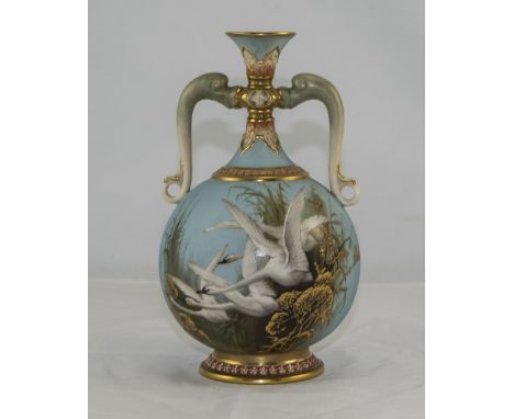 Royal Worcester Charles Balwyn Signed and Very Fine Hand Painted Two Handle Globular Shaped Vase. Date 1899. Swans In Flight.