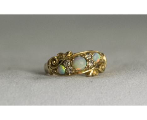 Antique 18ct Gold Opal and Diamond Set Ring. The 3 Opals Flanked by Diamonds. Unmarked but Tests Gold. 