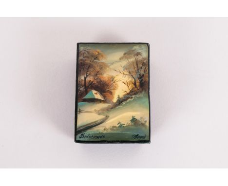 Fine Quality Russian Lacquered Table Box. Hand painted with infinite detail depicting Russian Winter Landscape featuring coun