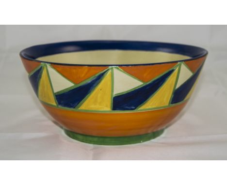 Clarice Cliff Geometric Pattern Bowl, a deep band of dark blue, sunshine yellow, orange and cream triangles above a band of o