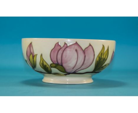 W. Moorcroft Monogrammed Footed Bowl ' Pink Magnolia ' Design on Cream Ground. Mint Condition. 3.75 Inches High & 8 Inches Di