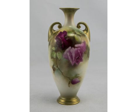 Royal Worcester Hand Painted Two Handle Vase Stillife ' Roses '. c.1912. Shape 287, Stands 6.75 Inches. Over painting to Sect